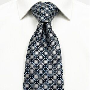 Bellissimo Silk Tie Silver Grey Blue Geometric Square Pattern Made Italy Luxury